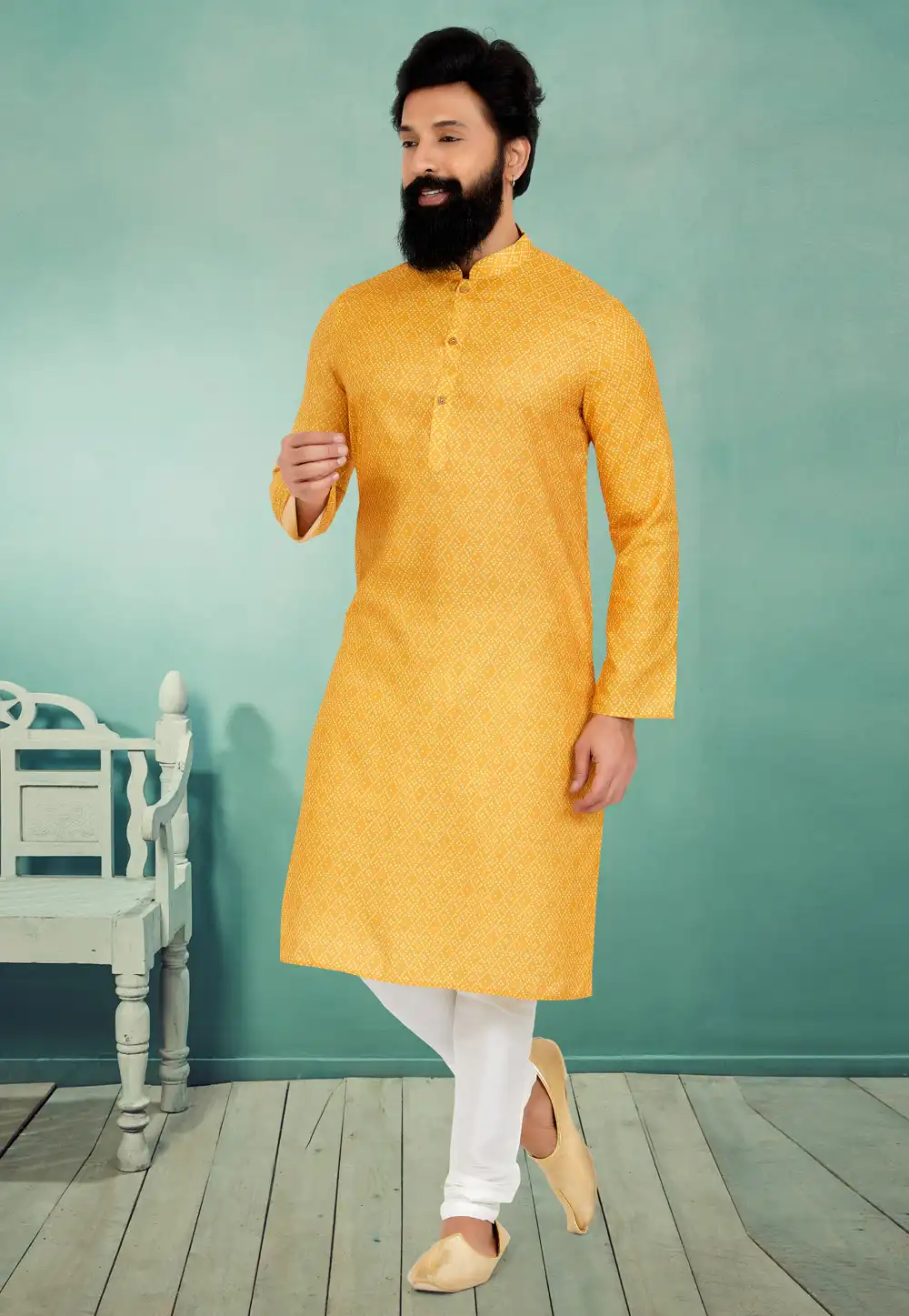 Yellow Cotton Printed Kurta Pajama 259584