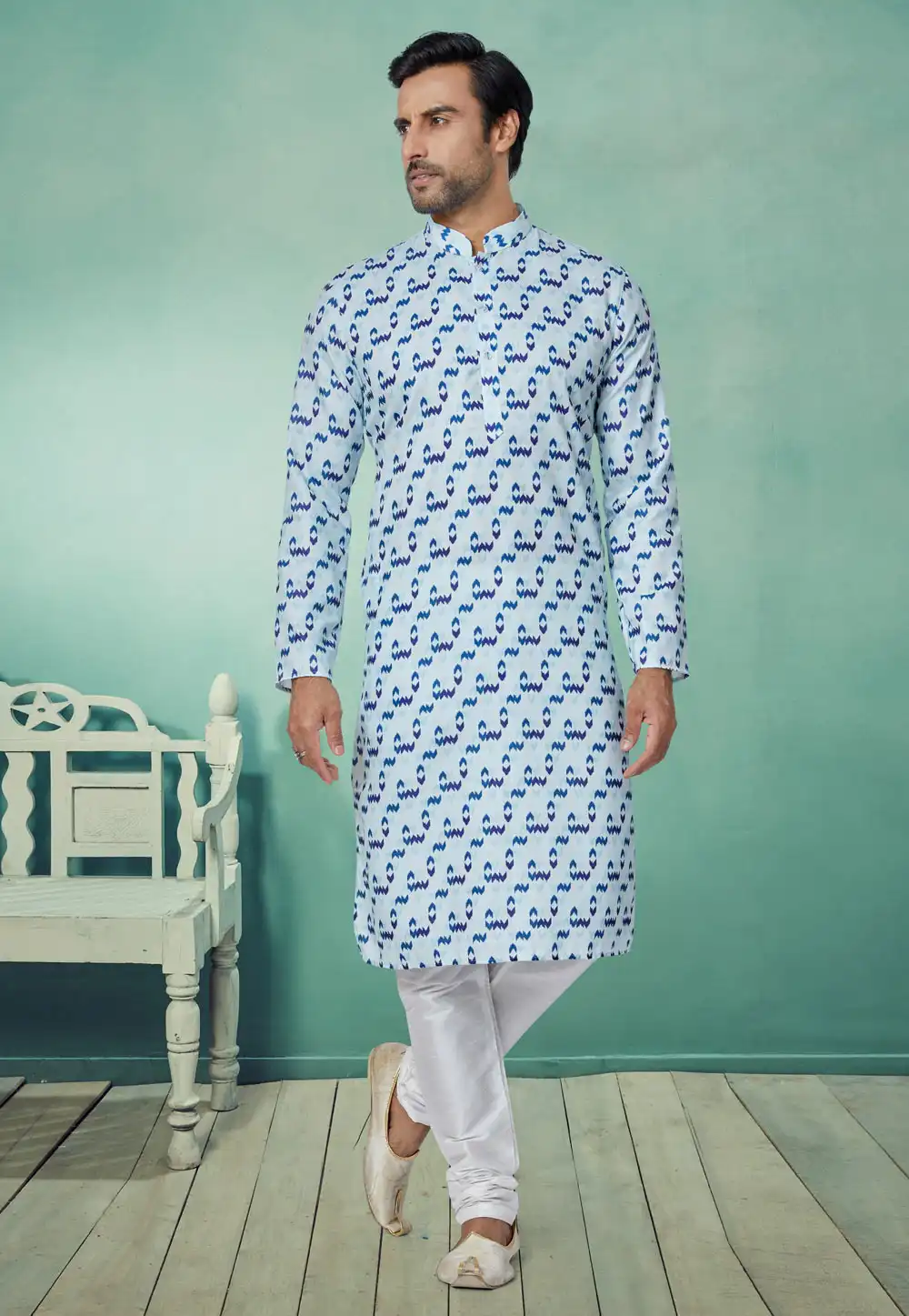 Sky Blue Cotton Printed Kurta Pajama 259585