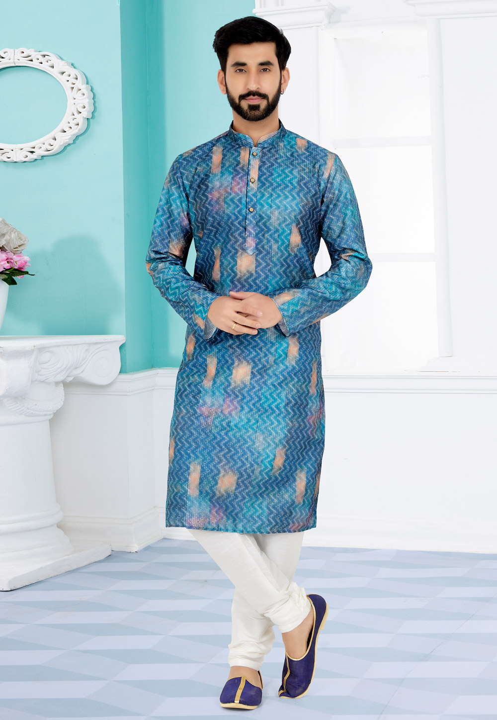 Blue Polyster Printed Kurta Pajama 259704