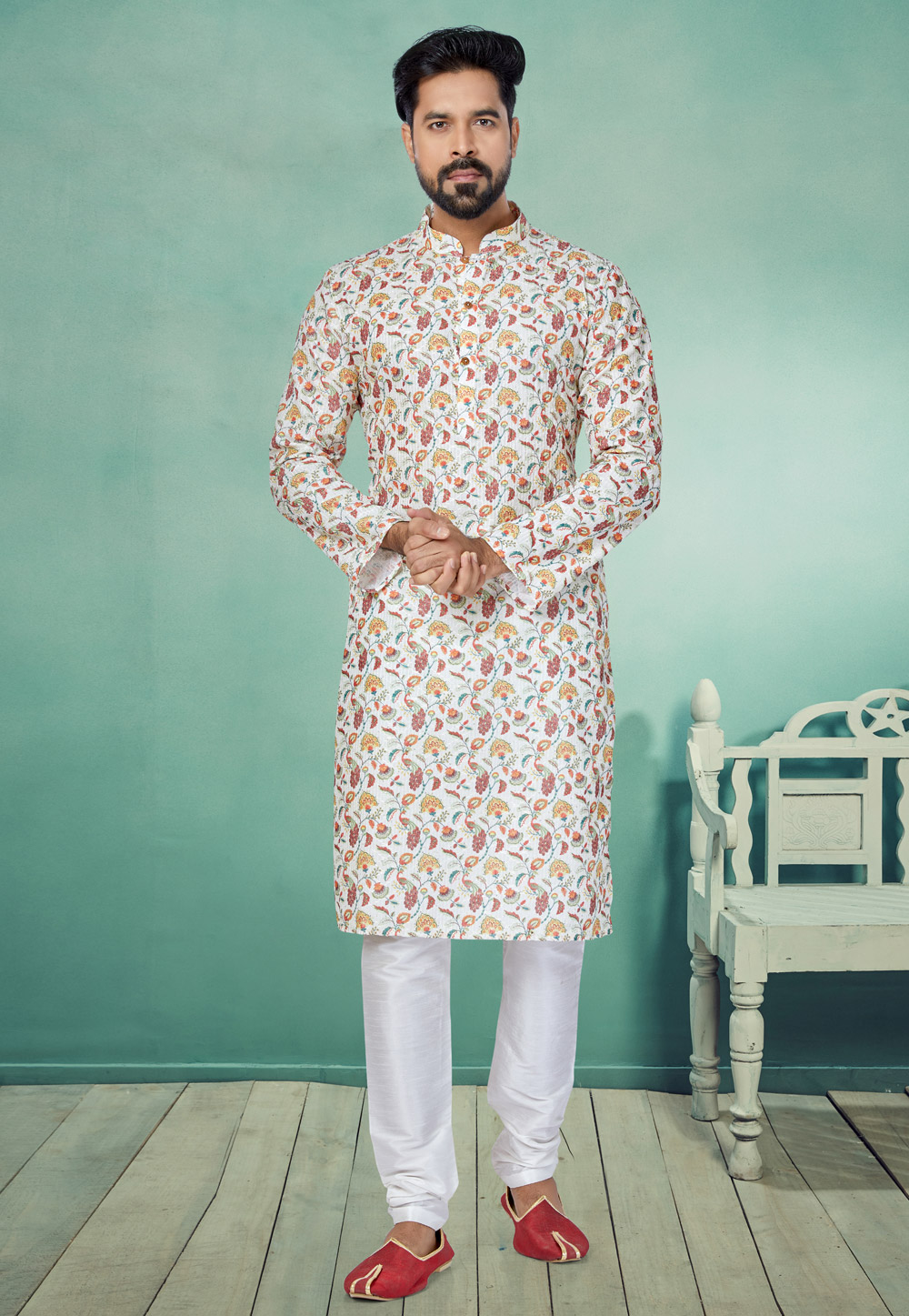 Off White Polyster Printed Kurta Pajama 259705