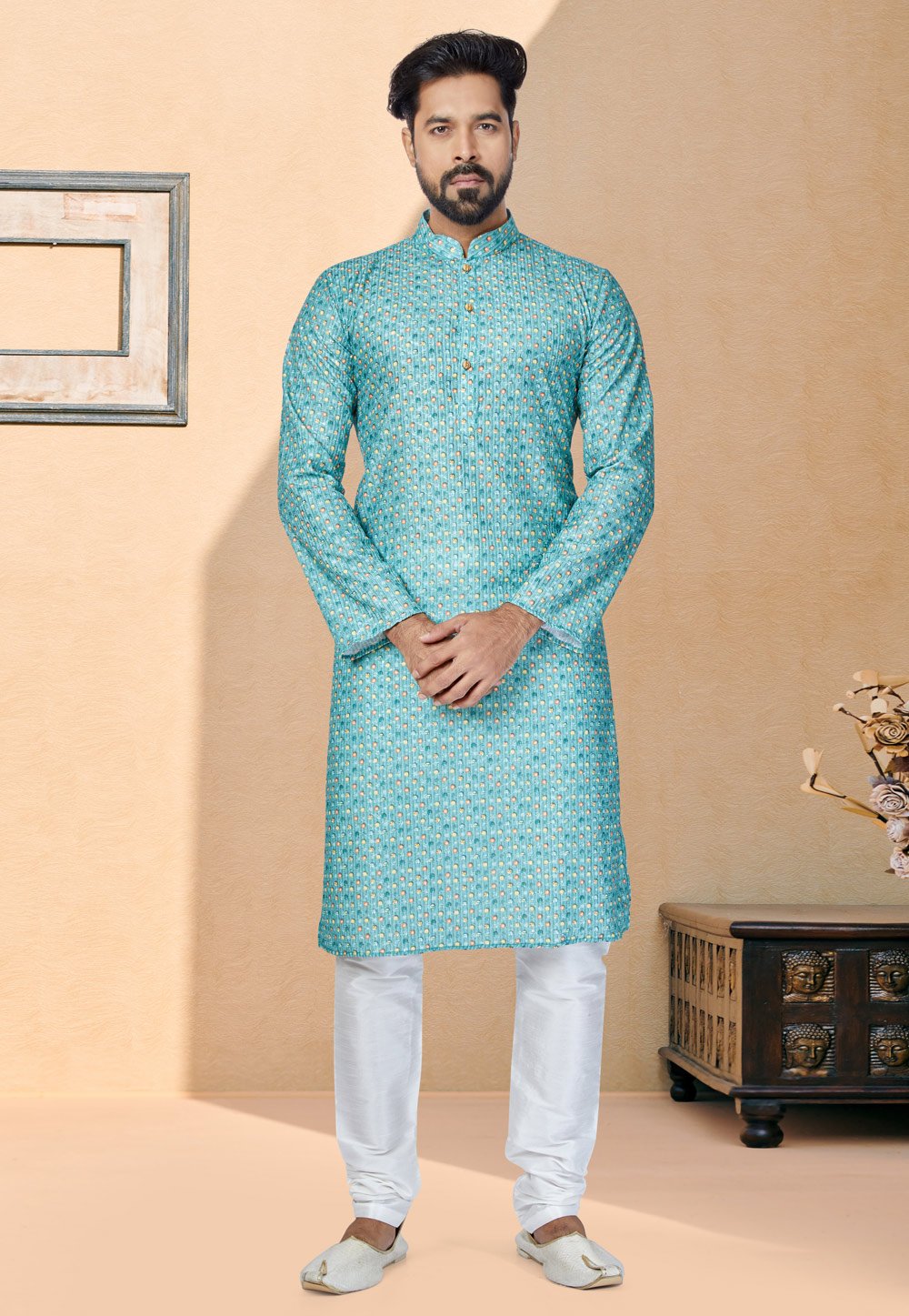 Aqua Polyster Printed Kurta Pajama 259706