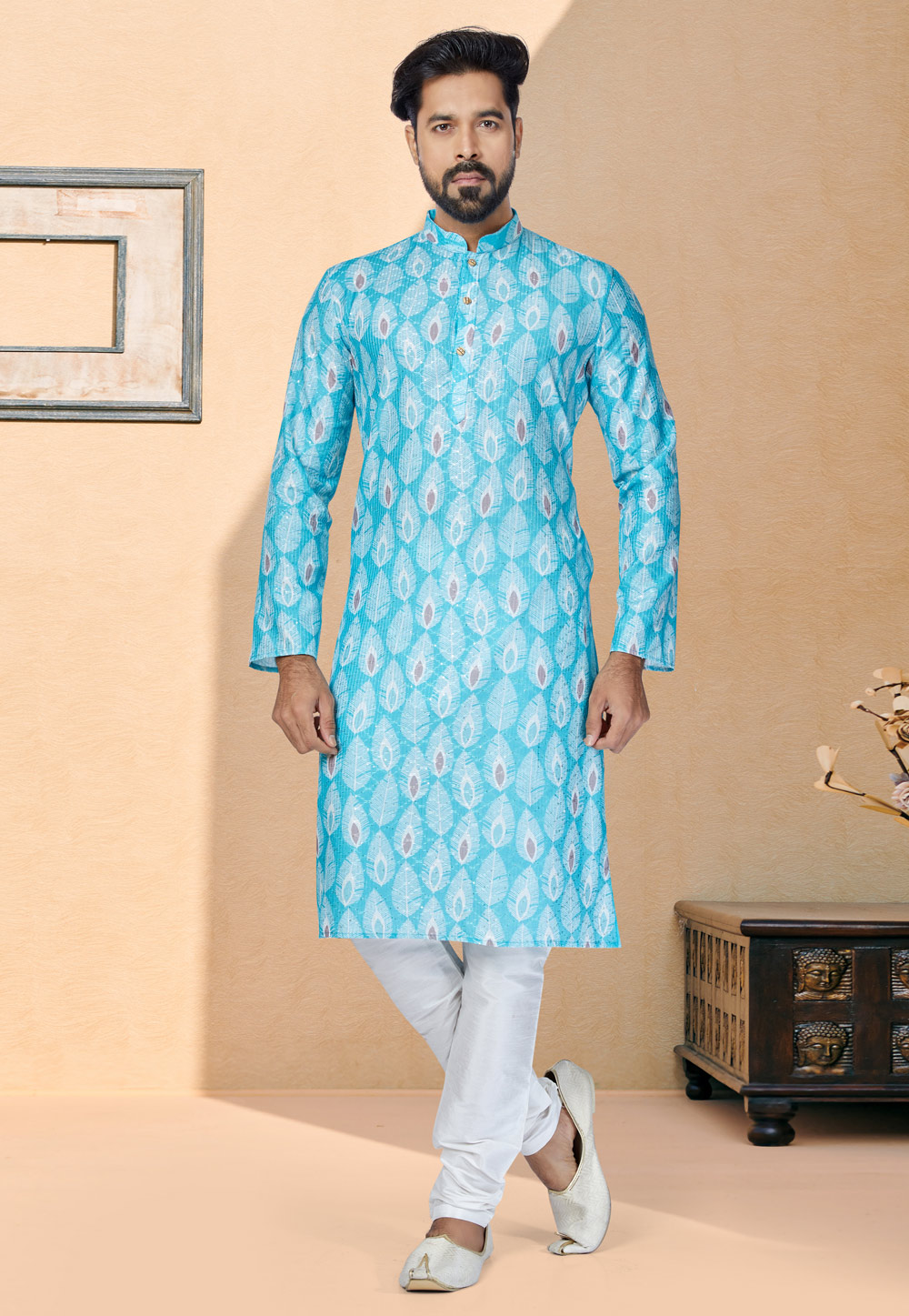 Aqua Polyster Printed Kurta Pajama 259707