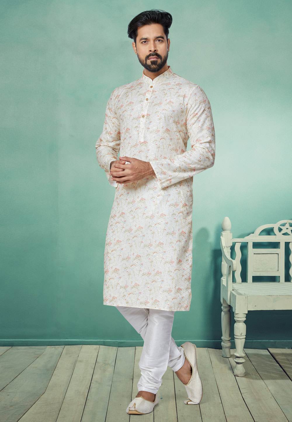 Cream Polyster Printed Kurta Pajama 259708