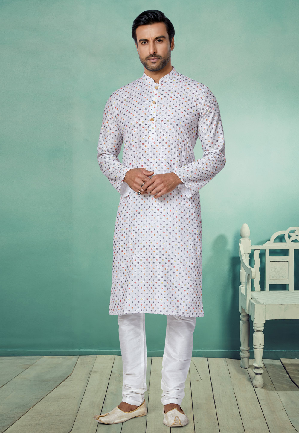 White Polyster Printed Kurta Pajama 259710