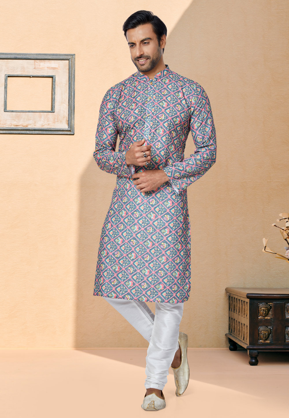 Blue Polyster Printed Kurta Pajama 259712