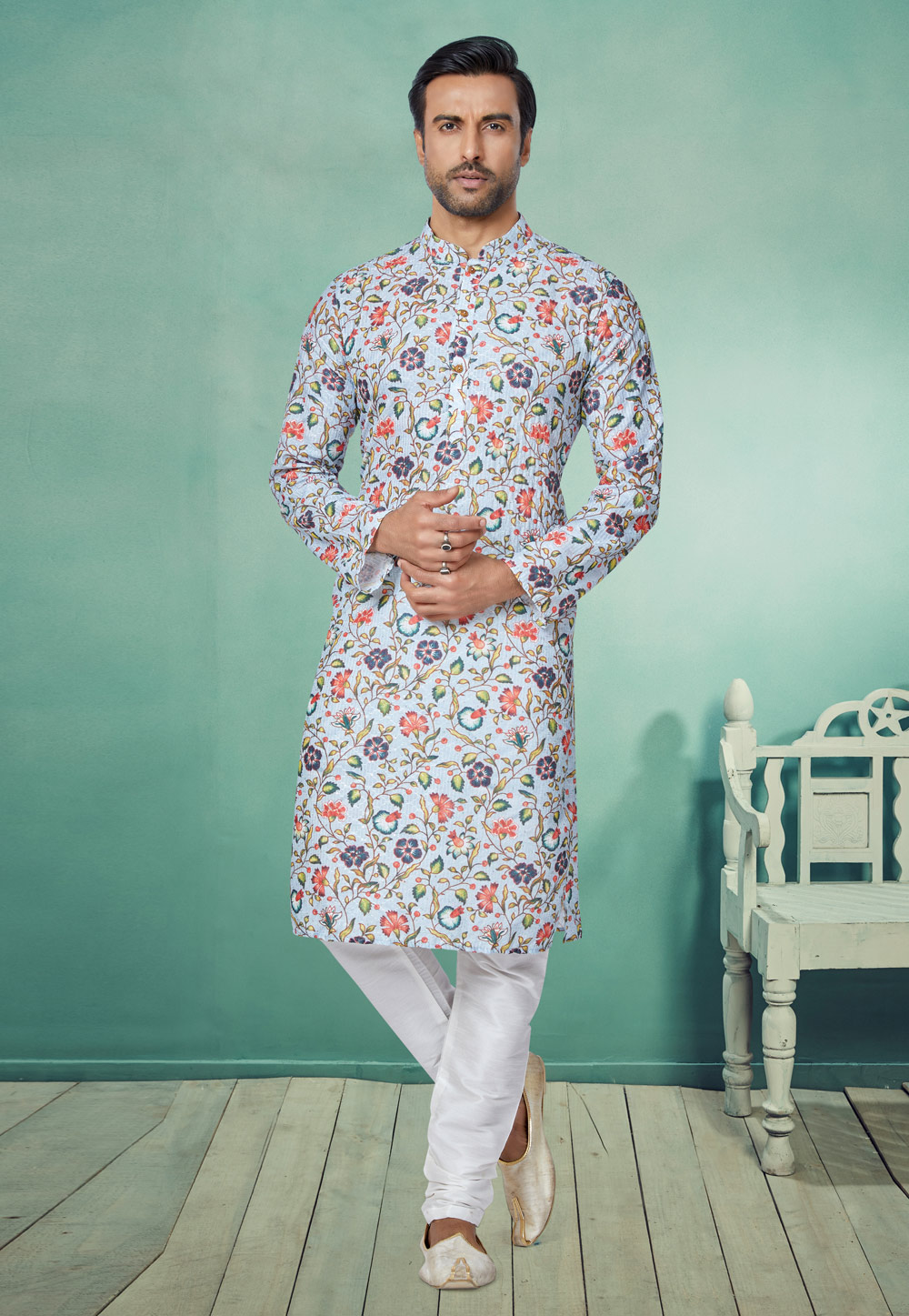 Sky Blue Polyster Printed Kurta Pajama 259713