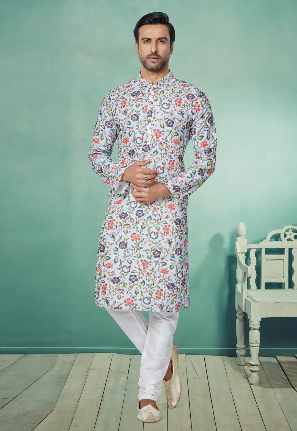 Sky Blue Polyster Printed Kurta Pajama 259713
