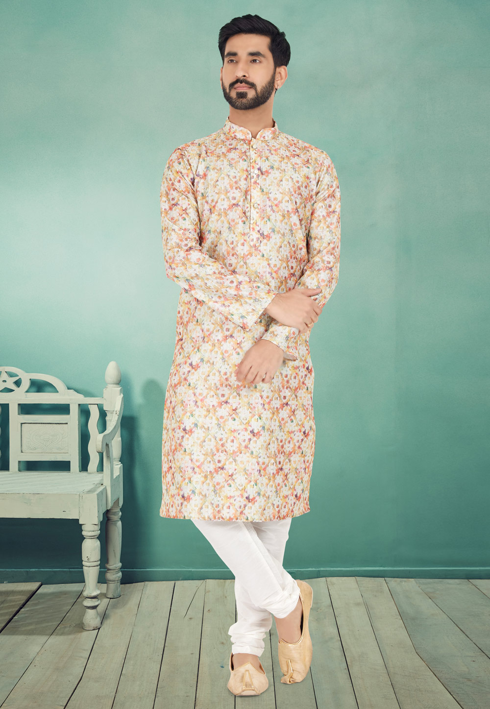Off White Polyster Printed Kurta Pajama 259714
