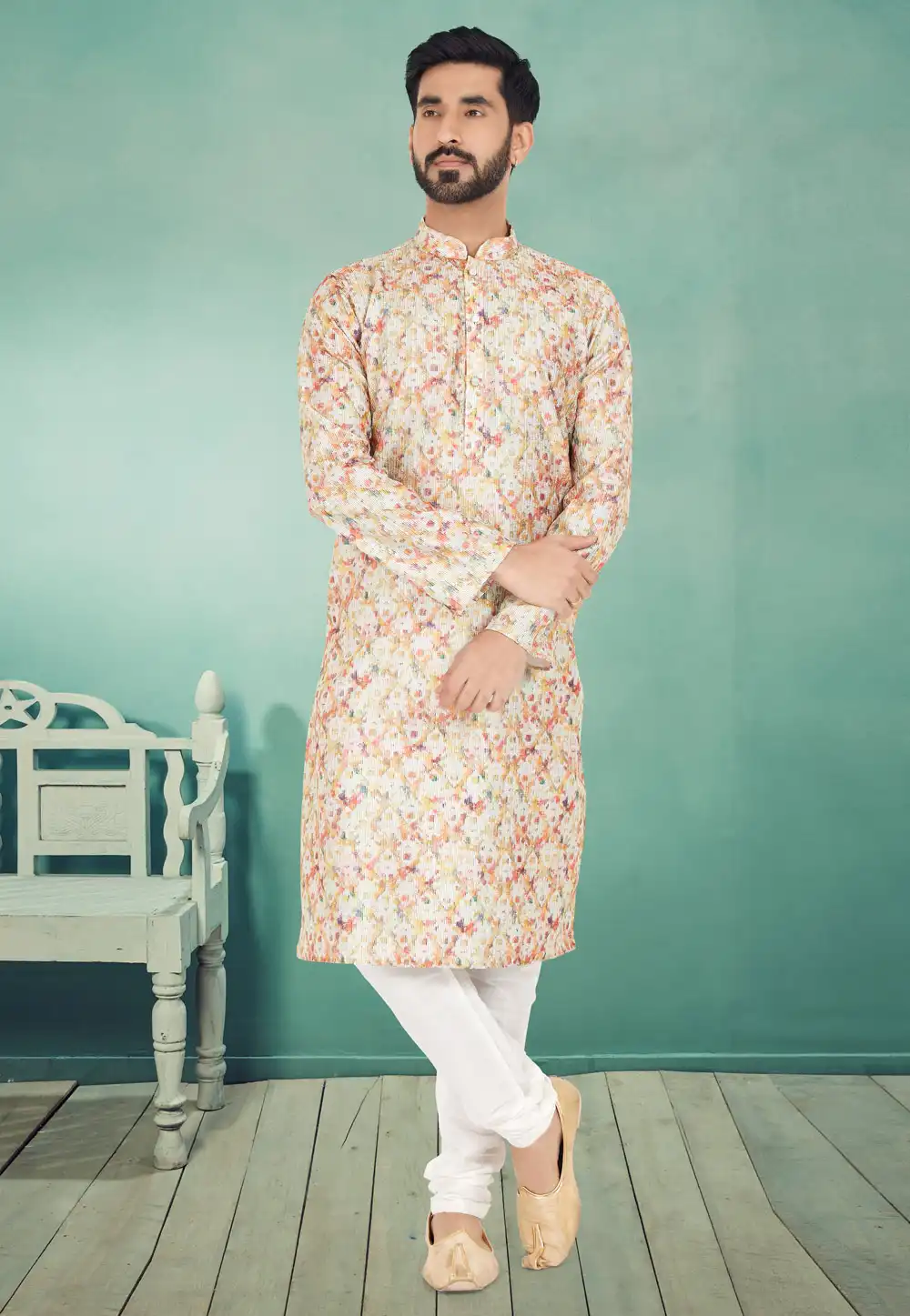 Off White Polyster Printed Kurta Pajama 259714
