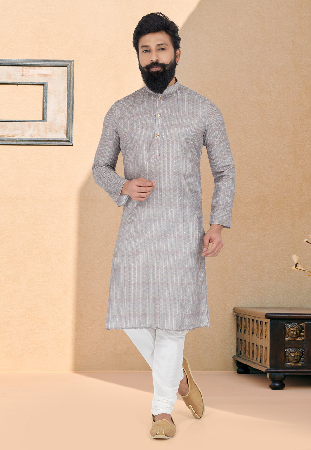 Grey Polyster Printed Kurta Pajama 259716