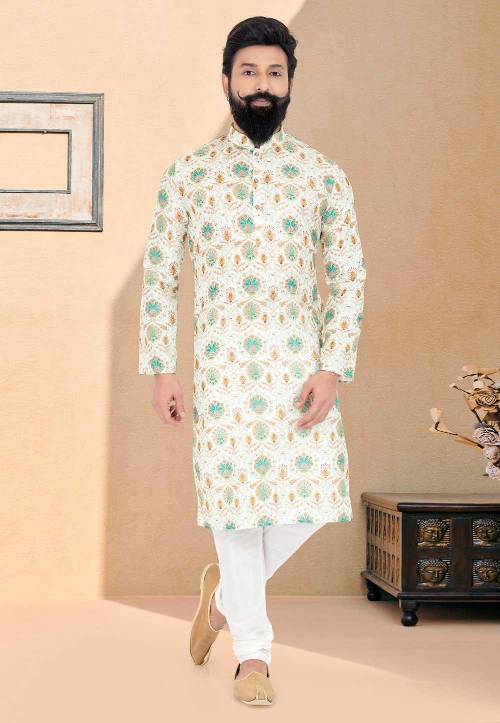 Off White Polyster Printed Kurta Pajama 259717
