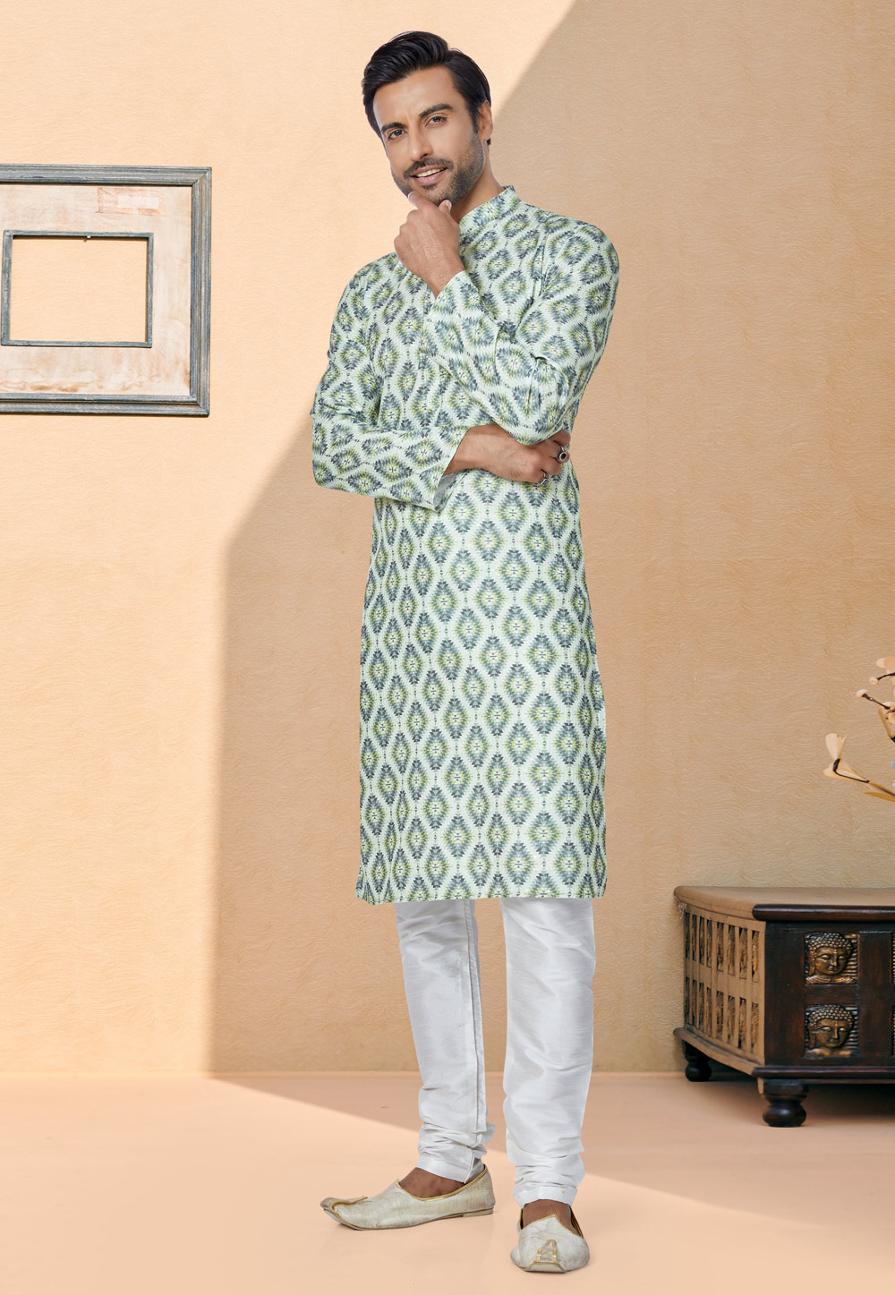 Off White Polyster Printed Kurta Pajama 259718