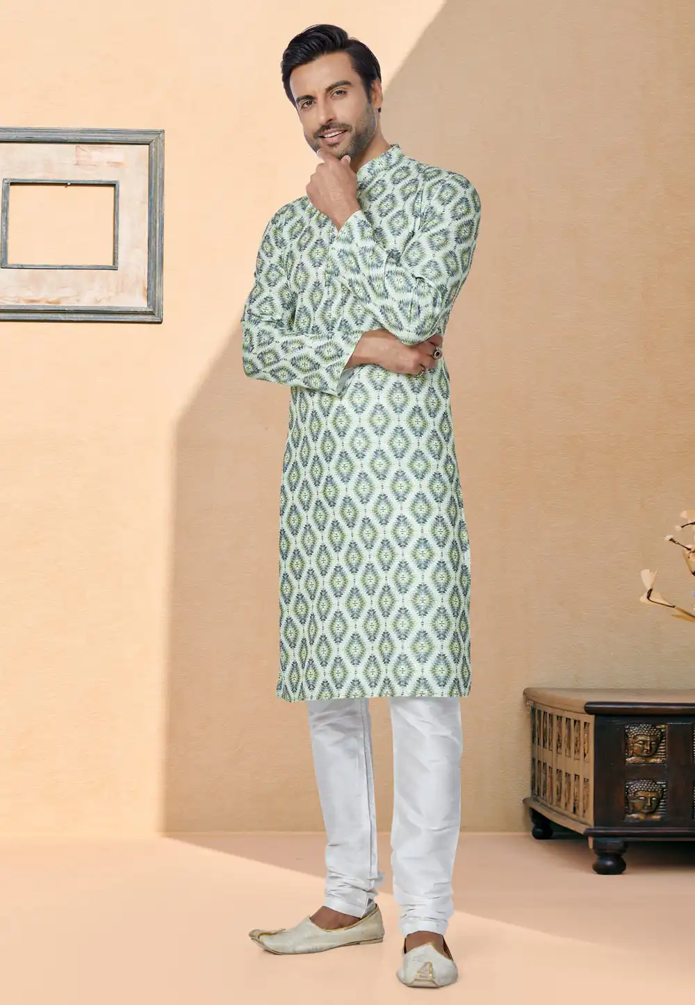 Off White Polyster Printed Kurta Pajama 259718