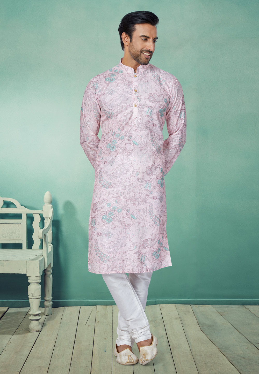 Light Pink Polyster Printed Kurta Pajama 259719