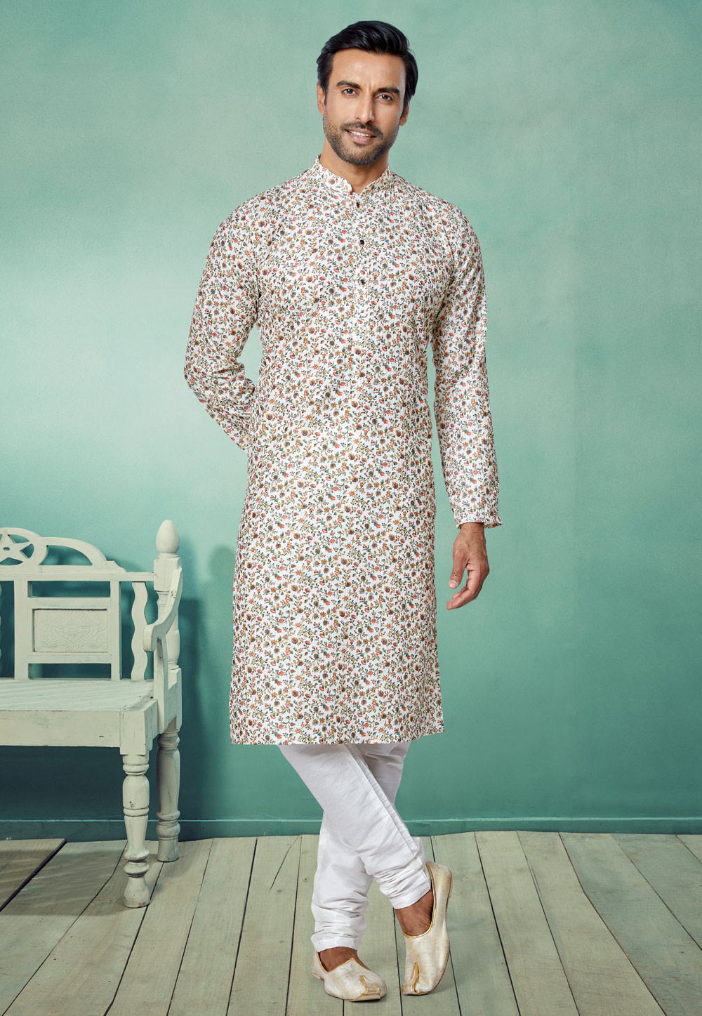Off White Polyster Printed Kurta Pajama 259720