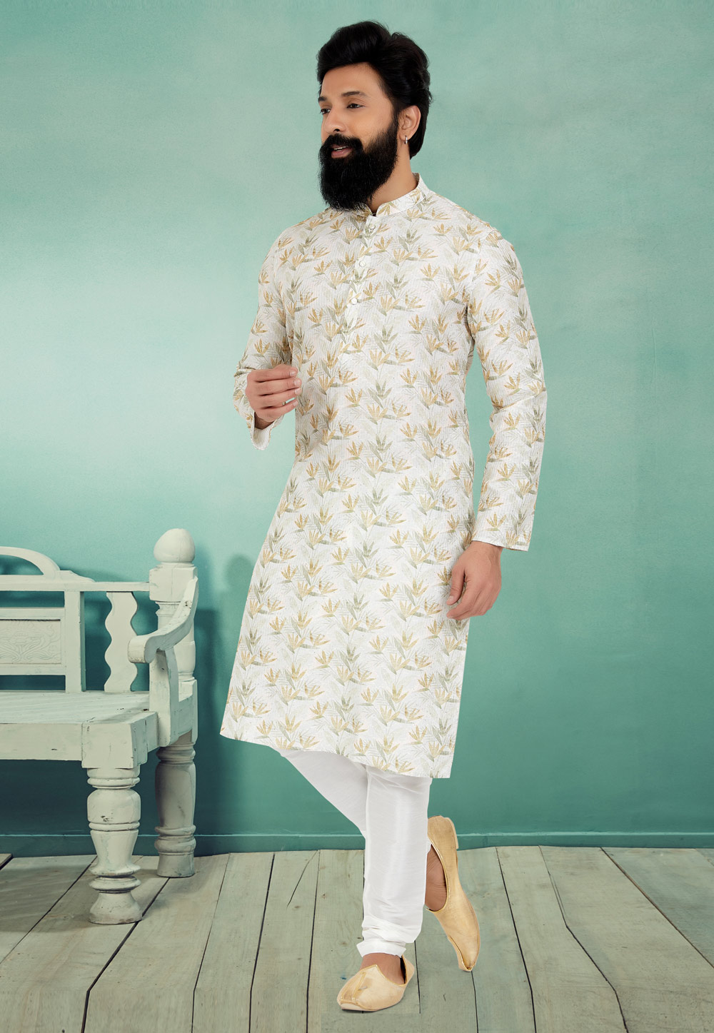 Off White Polyster Printed Kurta Pajama 259722