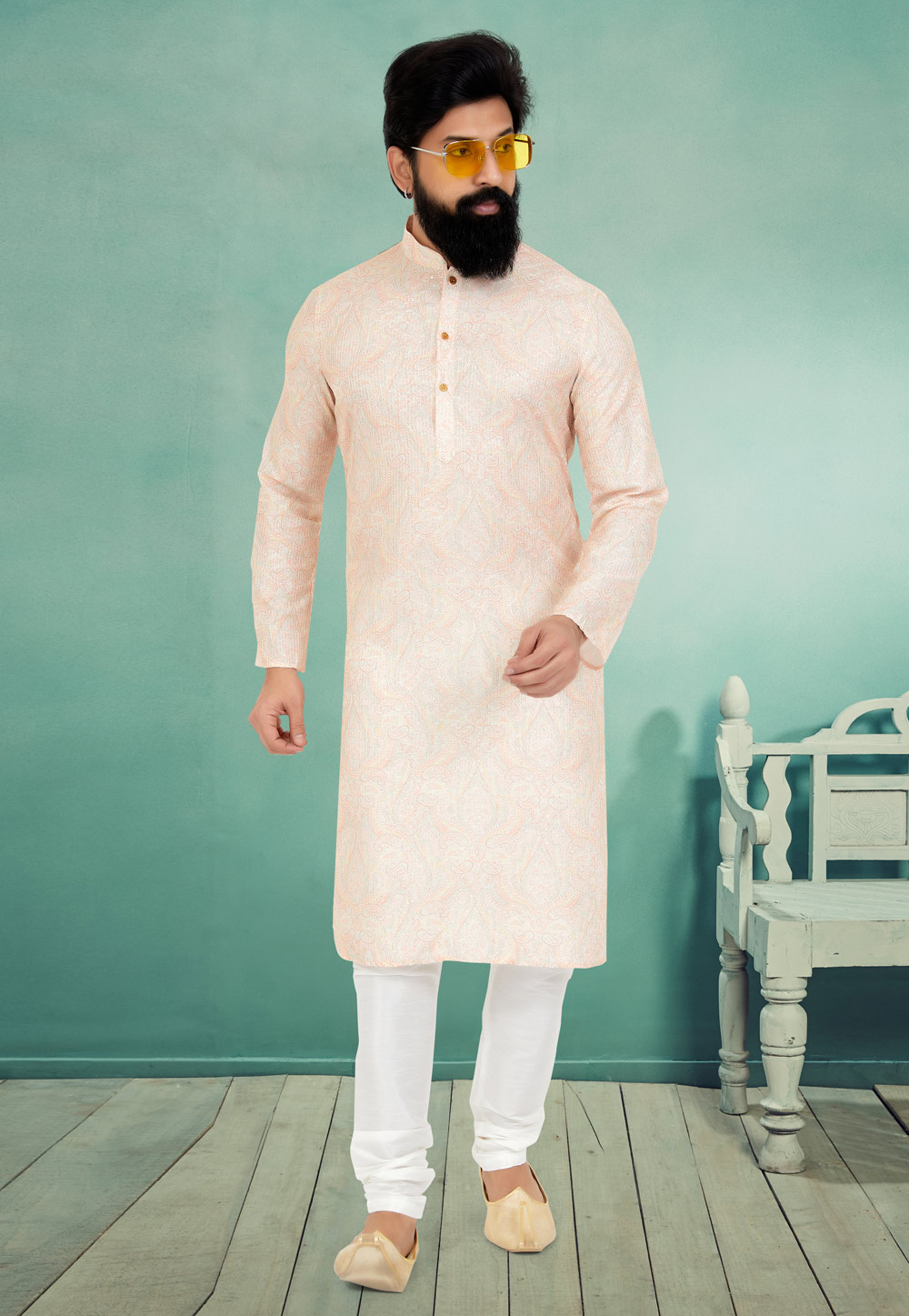 Cream Polyster Printed Kurta Pajama 259723