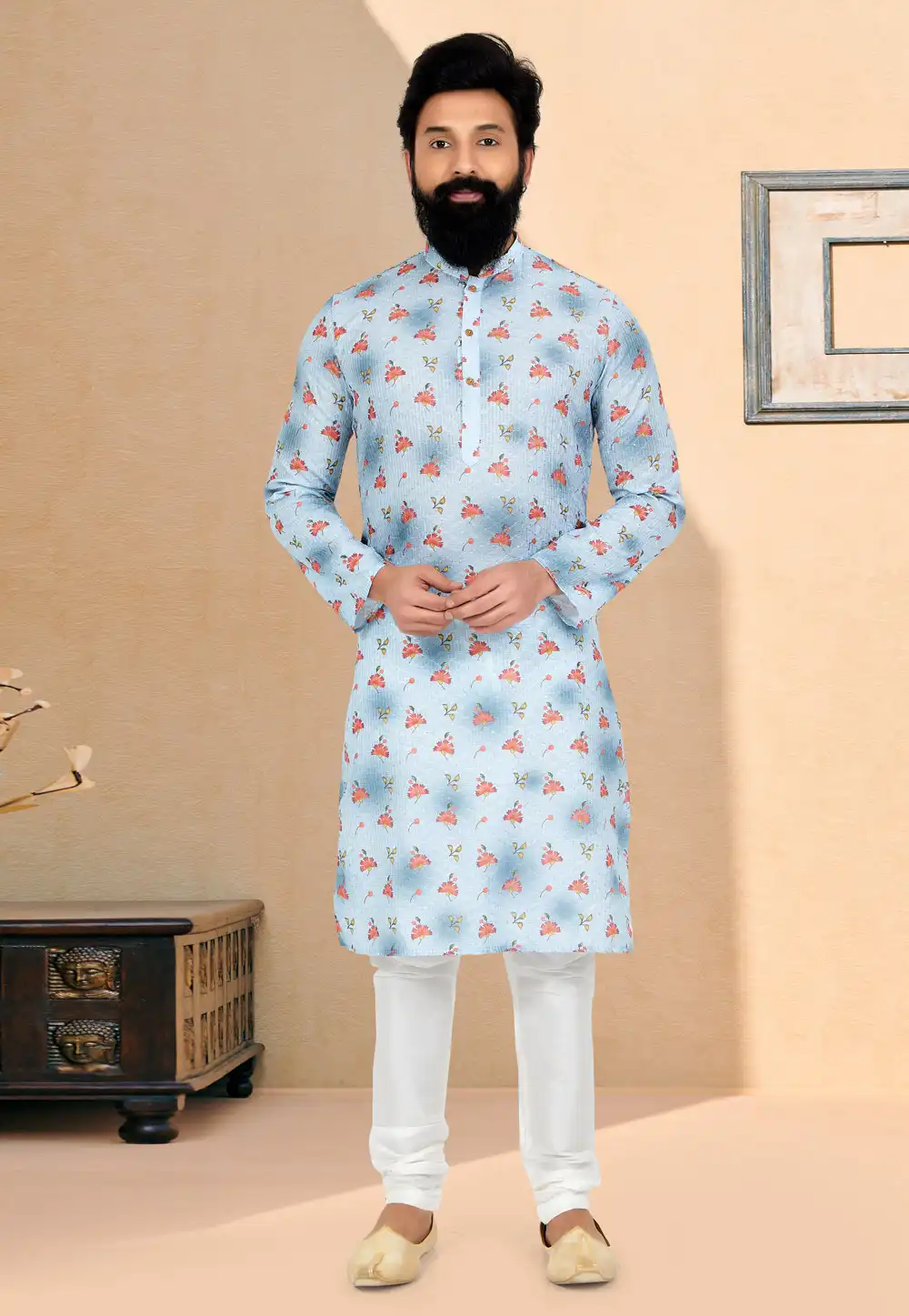 Sky Blue Polyster Printed Kurta Pajama 259724