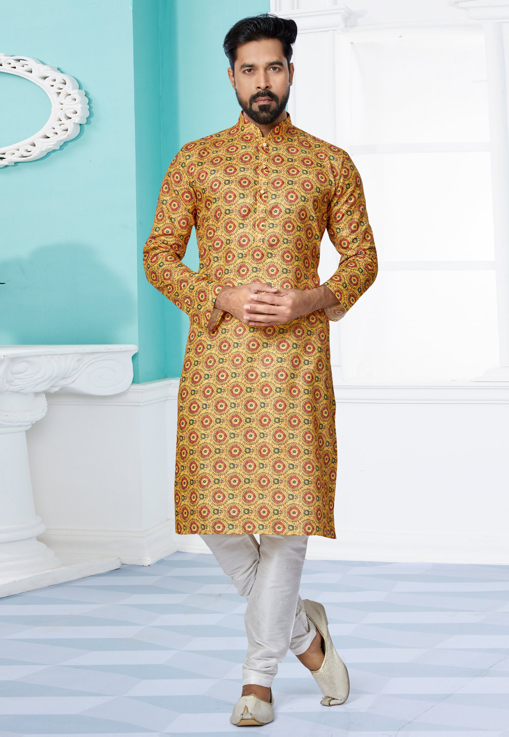 Yellow Polyster Printed Kurta Pajama 259727