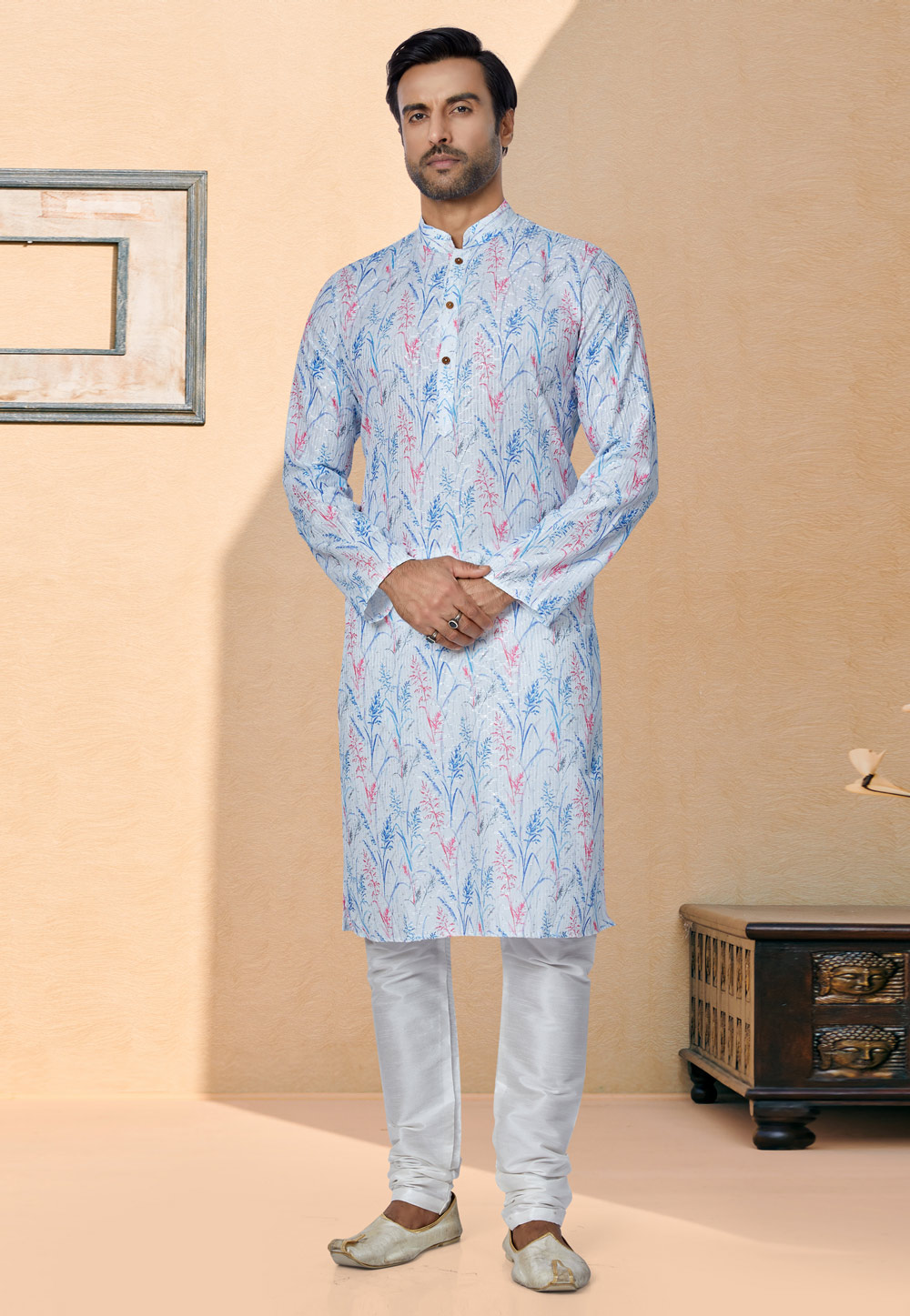 Sky Blue Polyster Printed Kurta Pajama 259728