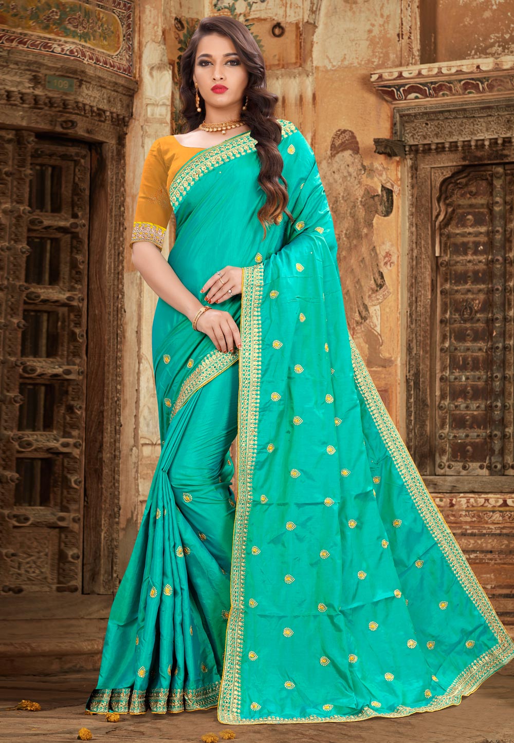 Aqua Silk Saree With Blouse 207391