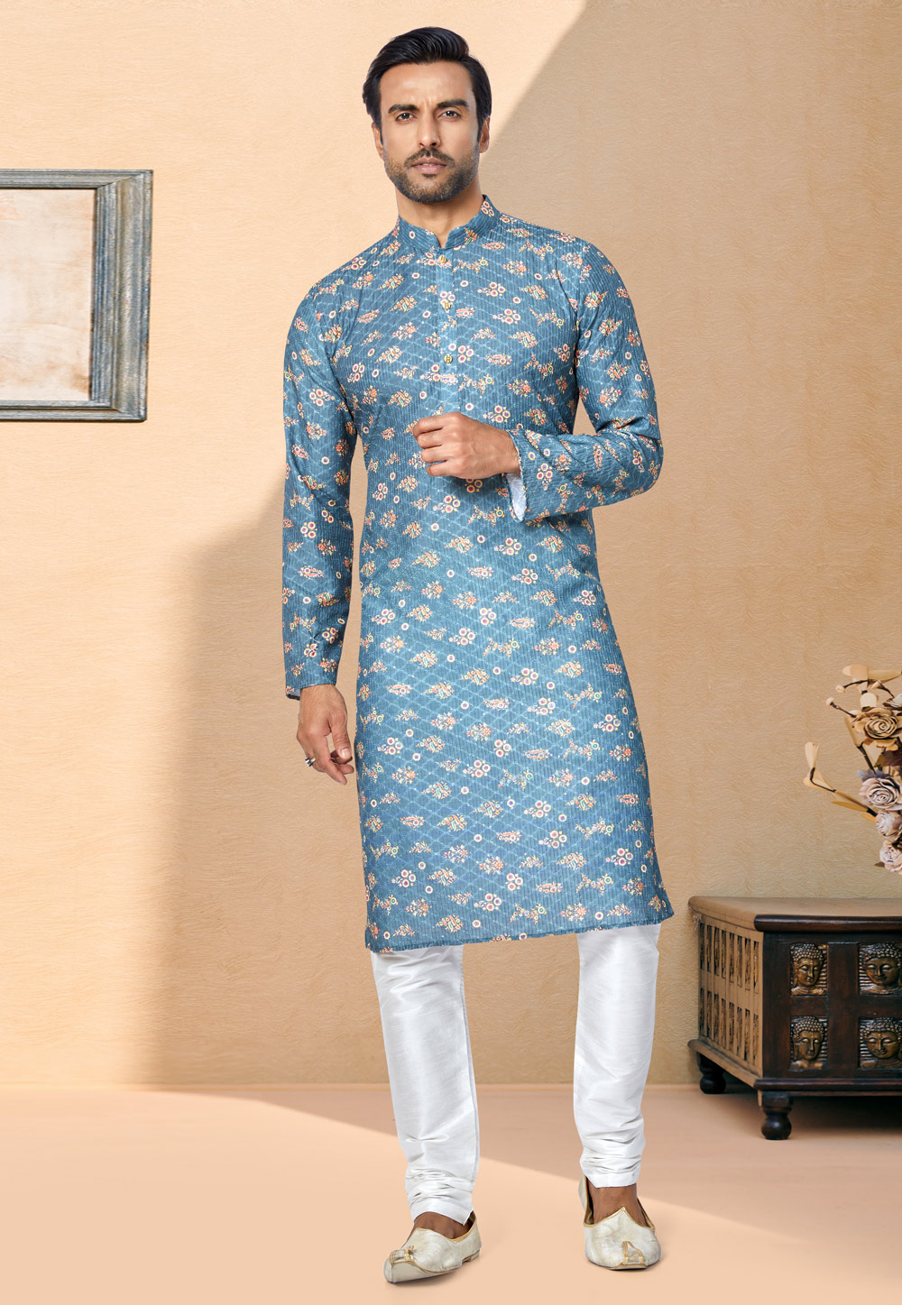 Blue Polyster Printed Kurta Pajama 259730