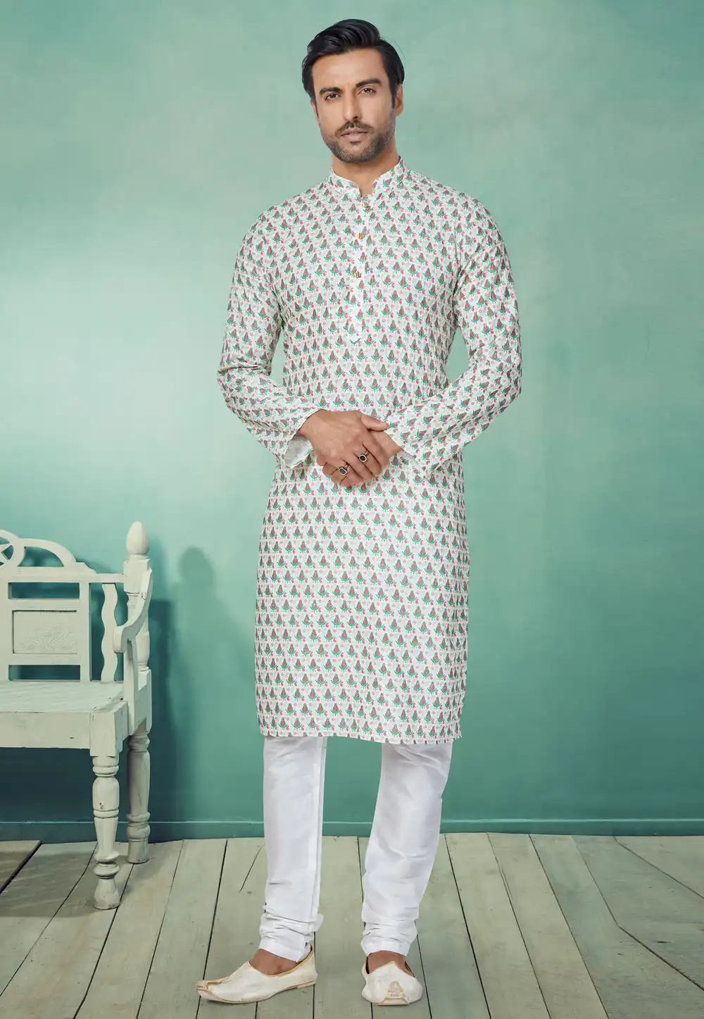 Off White Polyster Printed Kurta Pajama 259731