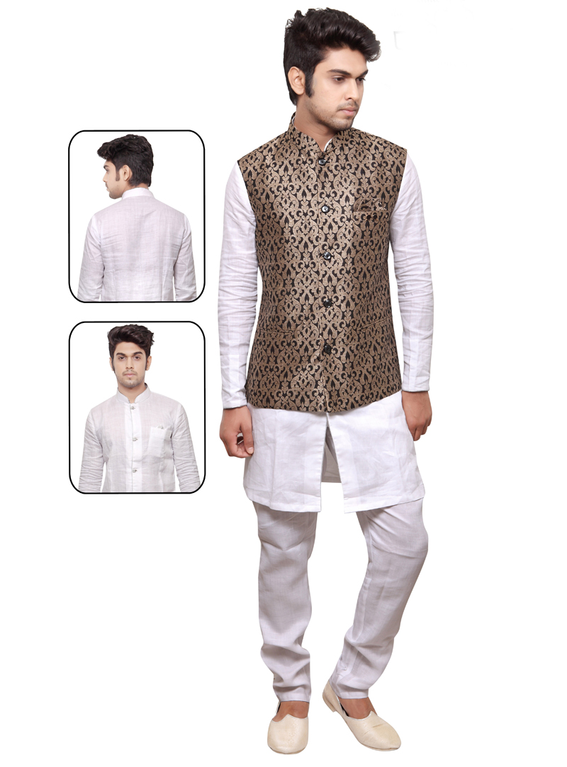 White Linen Readymade Kurta Pajama With Jacket 127772