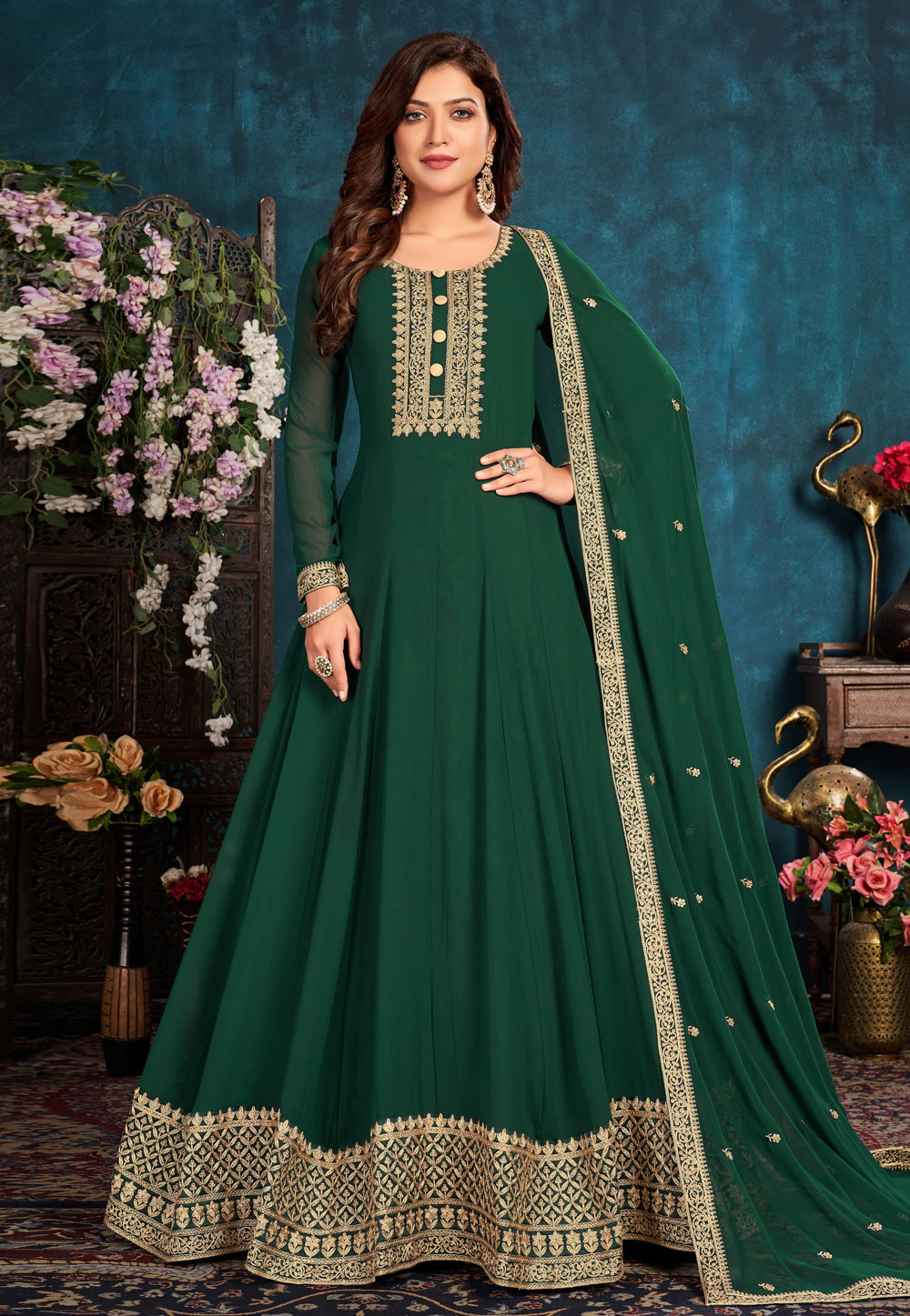 Green Faux Georgette Long Anarkali Suit 238053