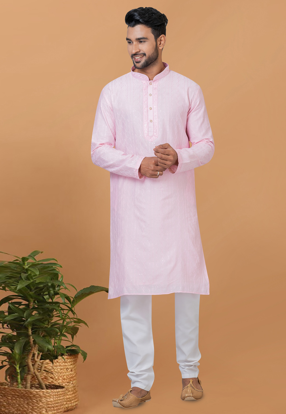 Light Pink Viscose Kurta Pajama 276117