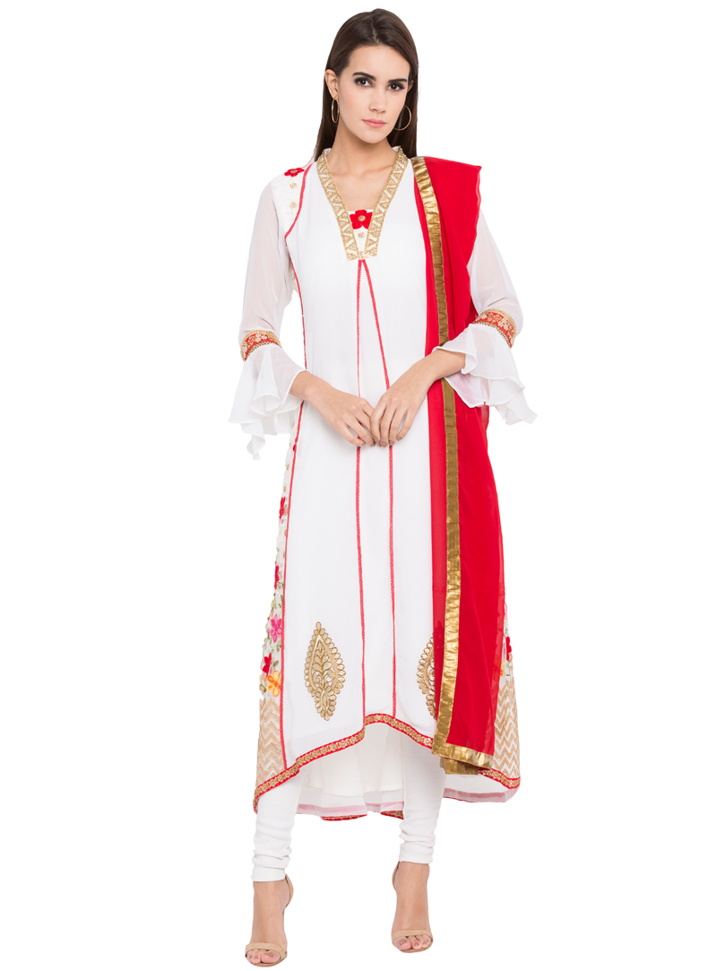 White Faux Georgette Readymade Long Anarkali Suit 128678