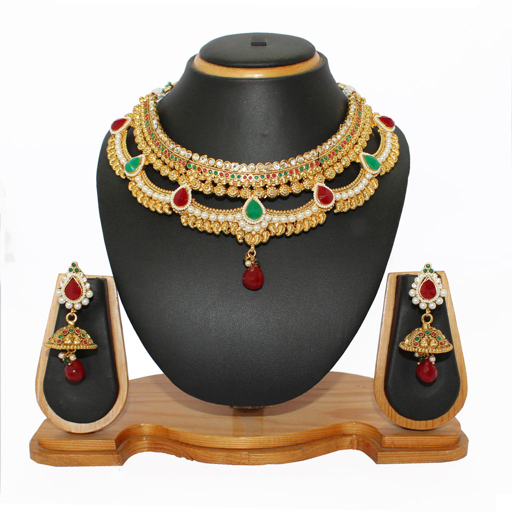 Maroon Copper Austrian Diamonds Necklace With Earrings 64328