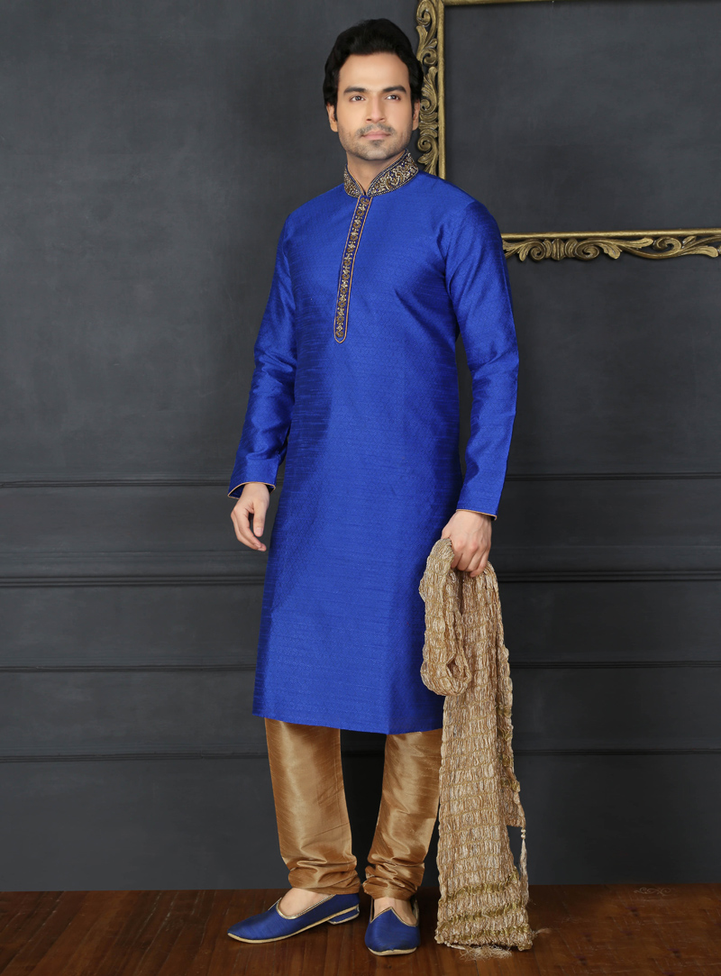 Blue Art Silk Readymade Kurta Pajama 128914