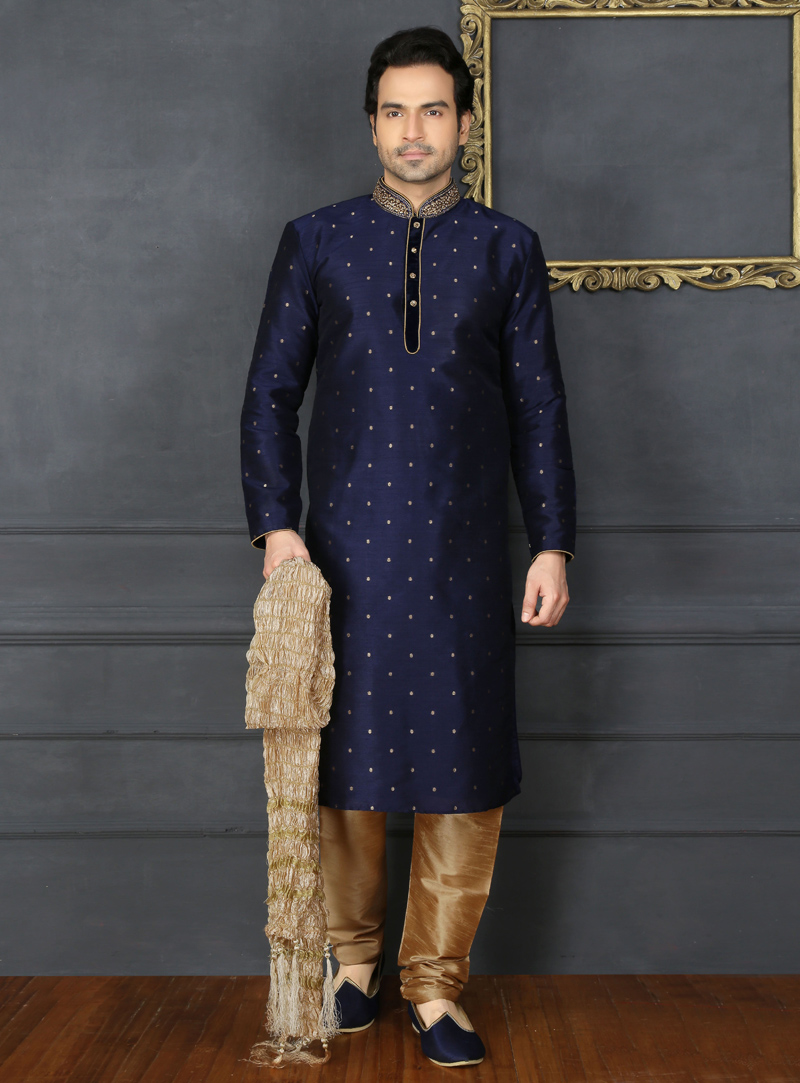 Navy Blue Art Silk Readymade Kurta Pajama 128917