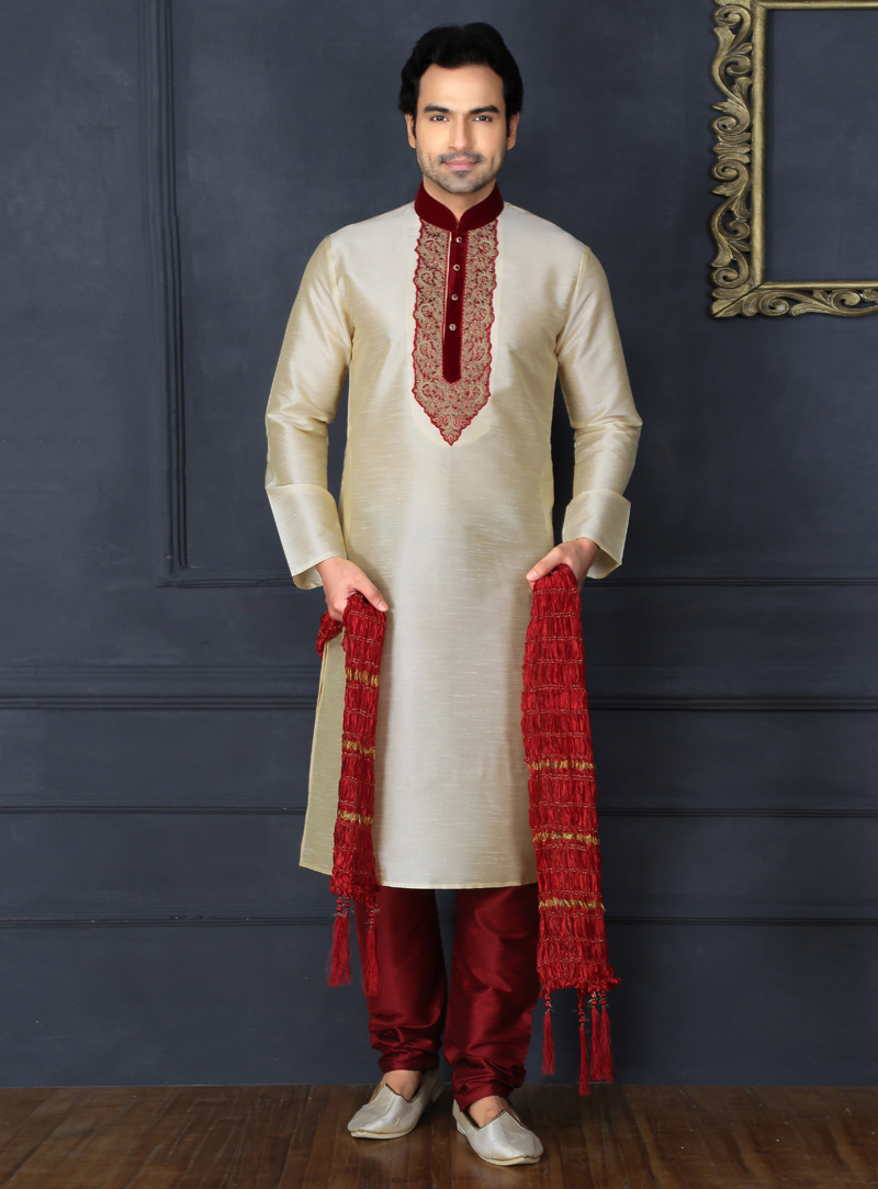 Beige Art Silk Readymade Kurta Pajama 128933