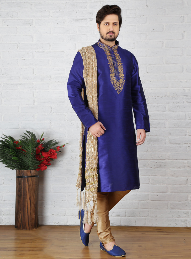Blue Art Silk Readymade Kurta Pajama 128950