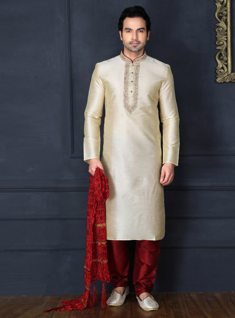 Beige Art Silk Readymade Kurta Pajama 129001