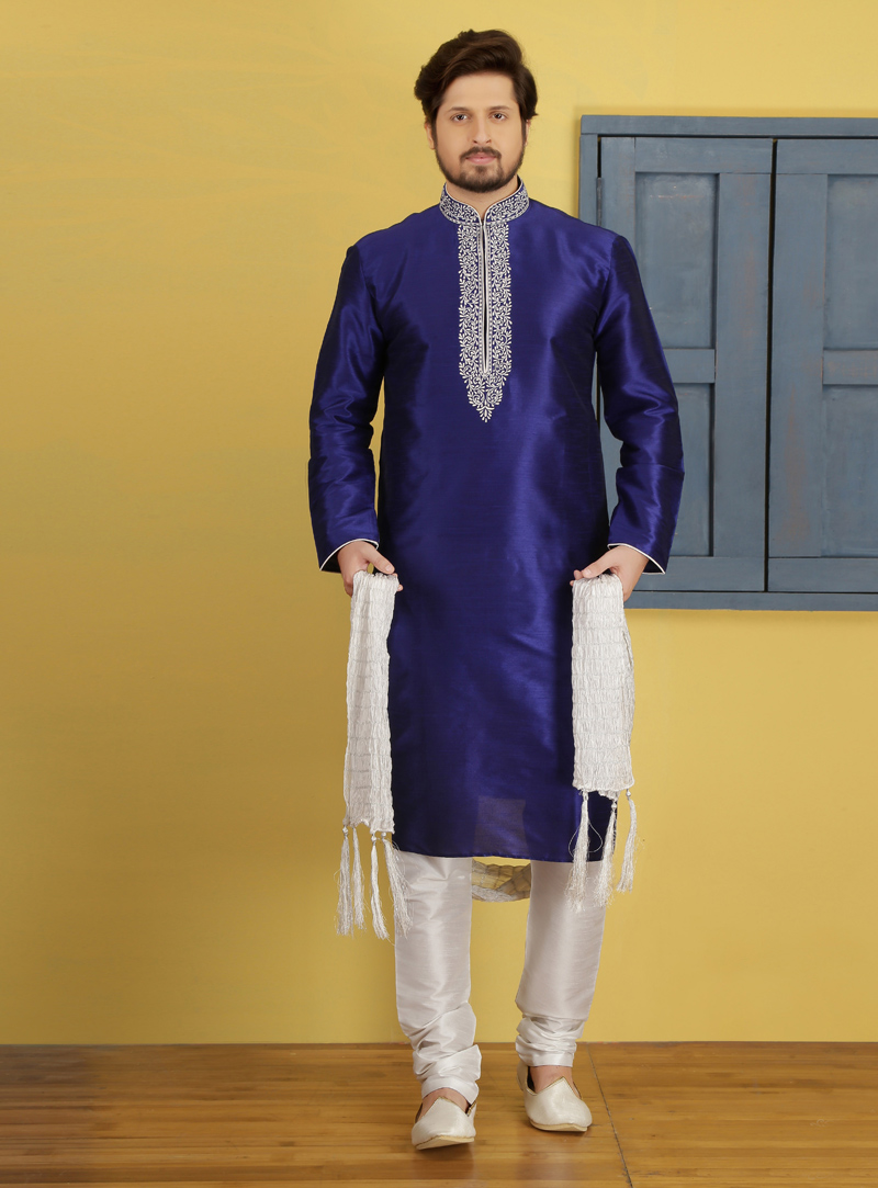 Navy Blue Art Silk Readymade Kurta Pajama 129002