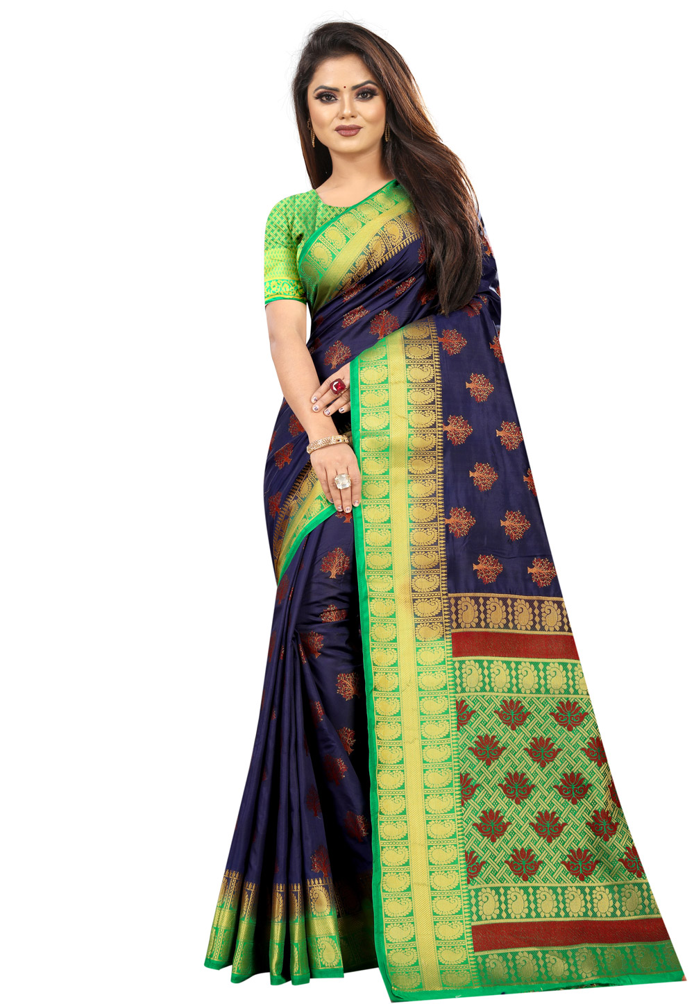 Navy Blue Silk Saree With Blouse 214189