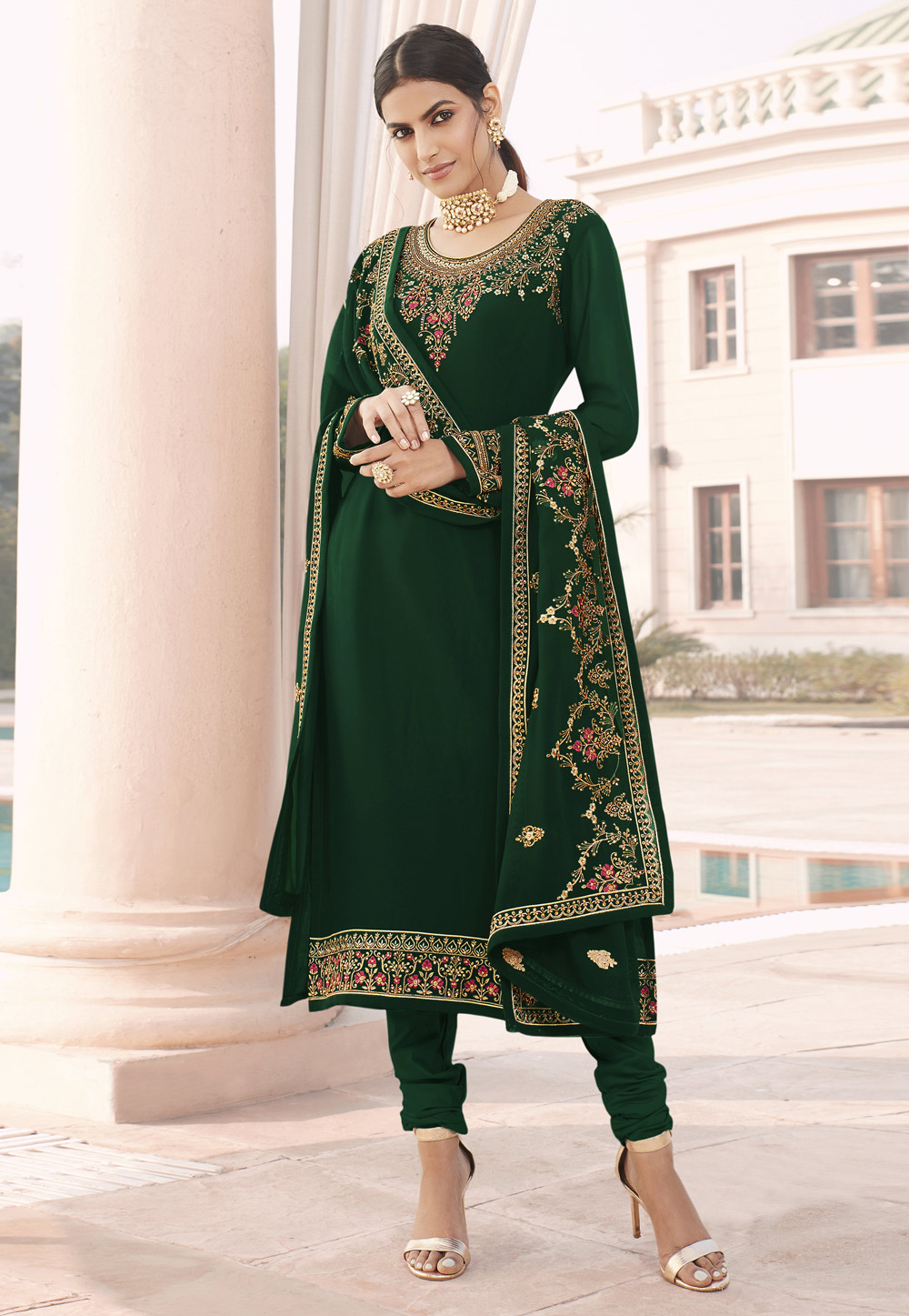 Green Faux Georgette Churidar Salwar Suit 239168