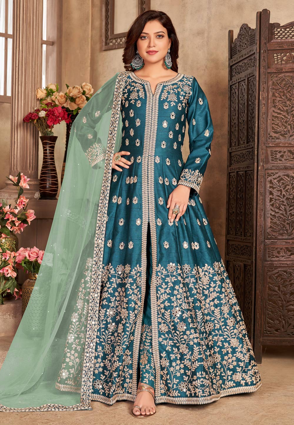 Teal Art Silk Embroidered Center Slit Anarkali Suit 238385