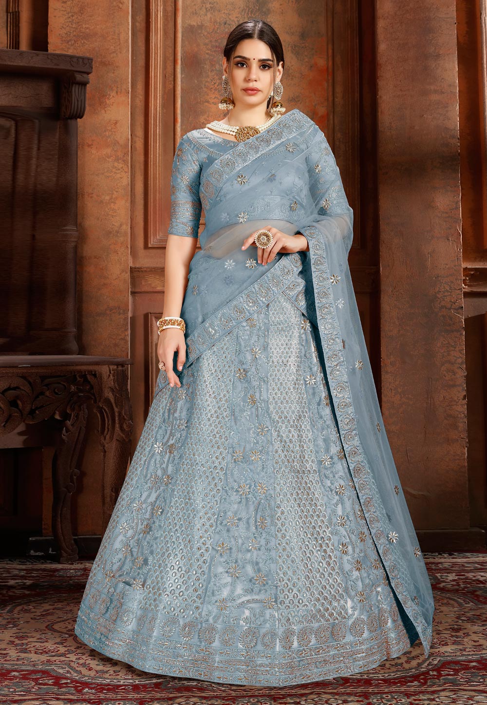 Grey Net Circular Lehenga Choli 193197