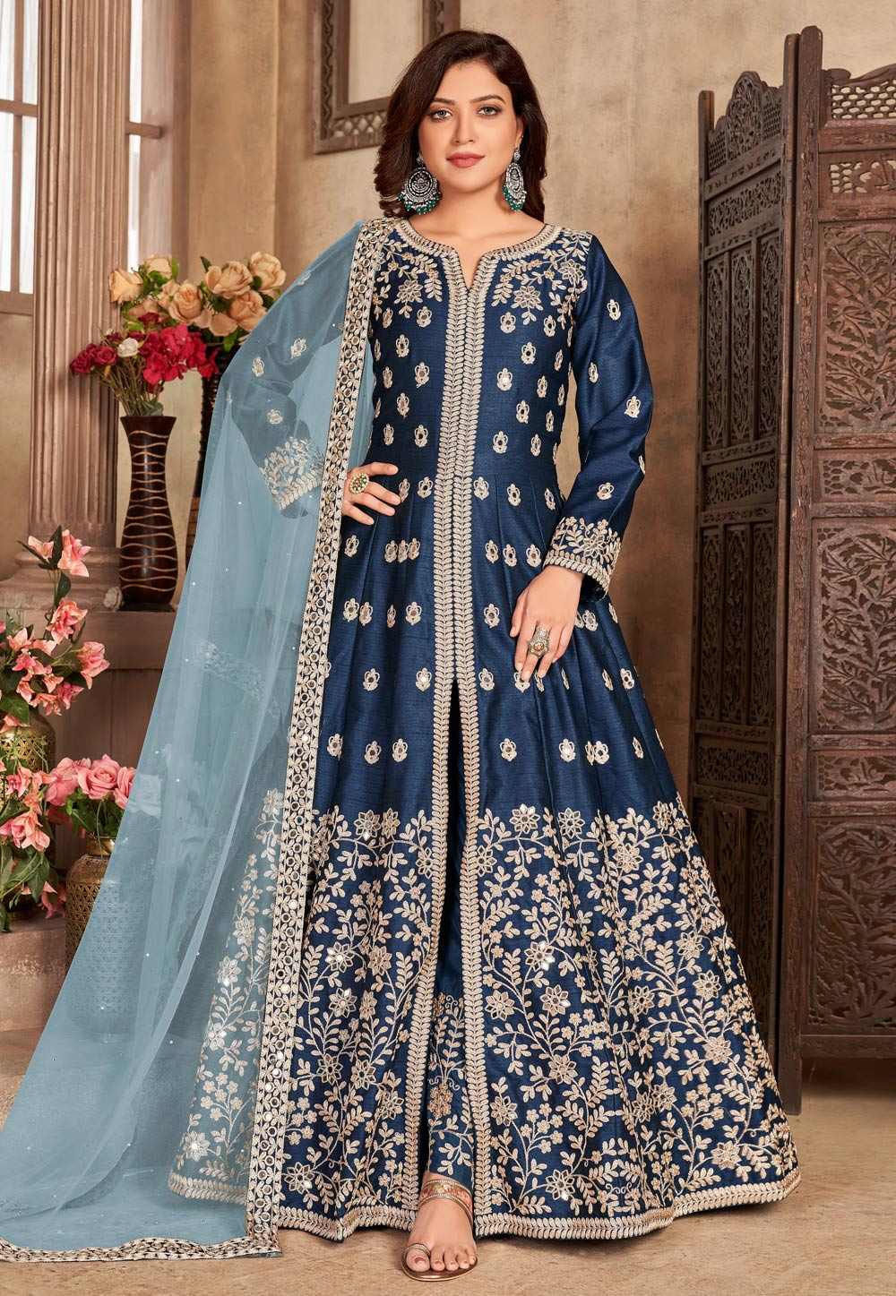 Blue Art Silk Embroidered Center Slit Anarkali Suit 238387