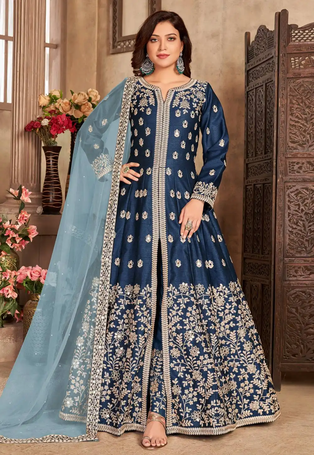 Blue Art Silk Embroidered Center Slit Anarkali Suit 238387