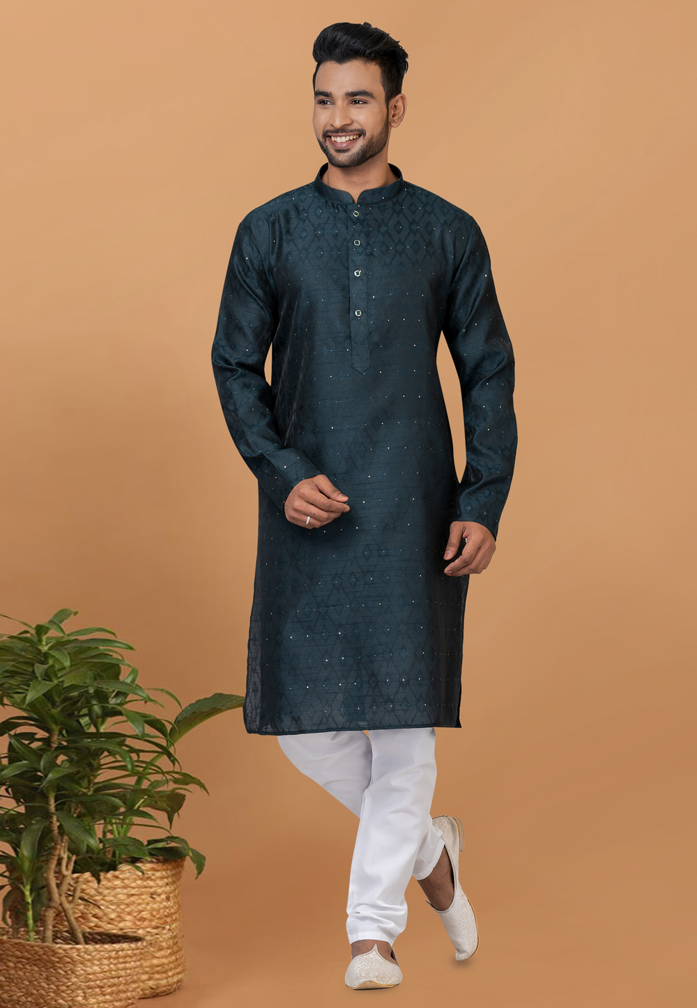 Teal Silk Kurta Pajama 276136