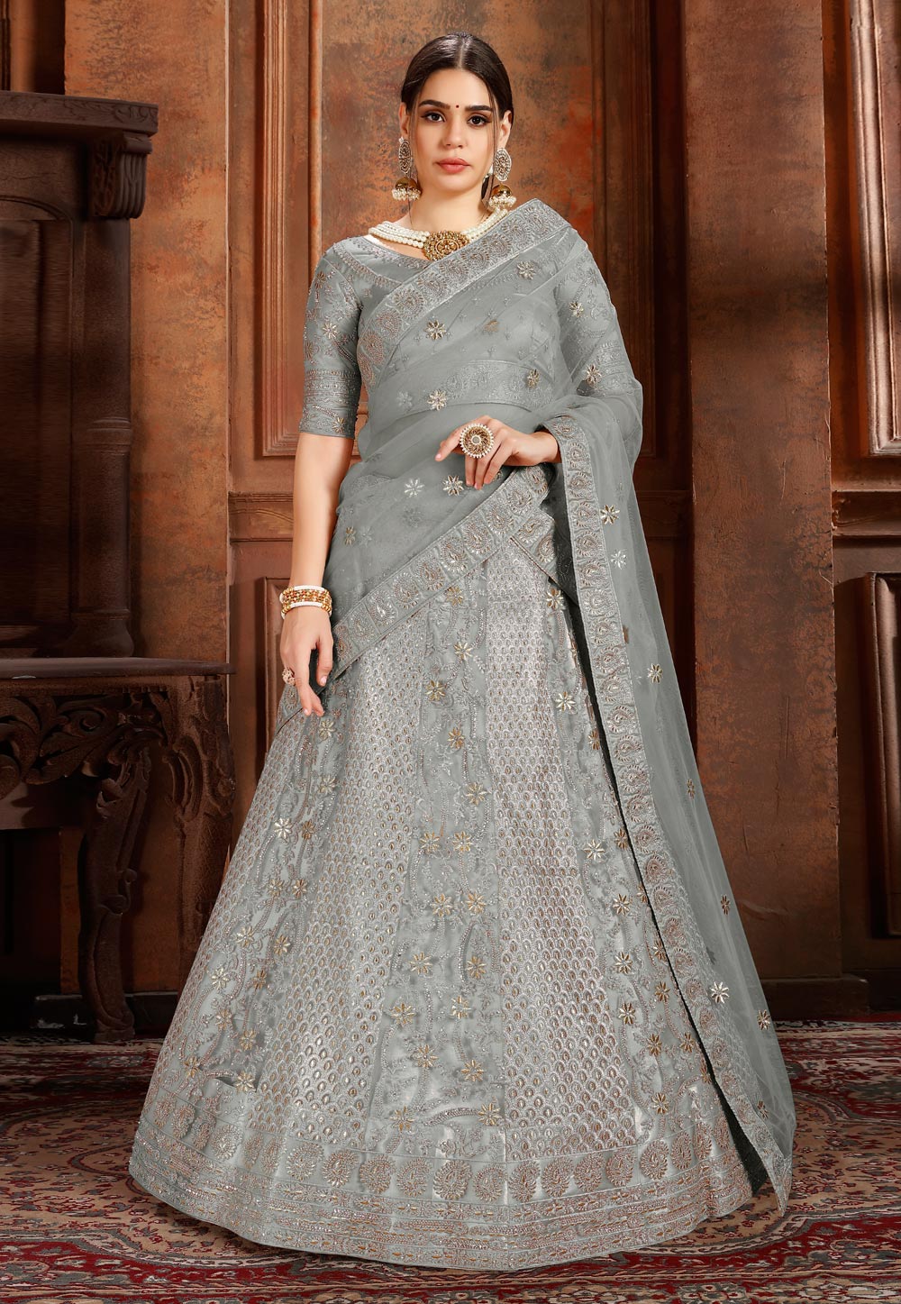 Grey Net Circular Lehenga Choli 193200