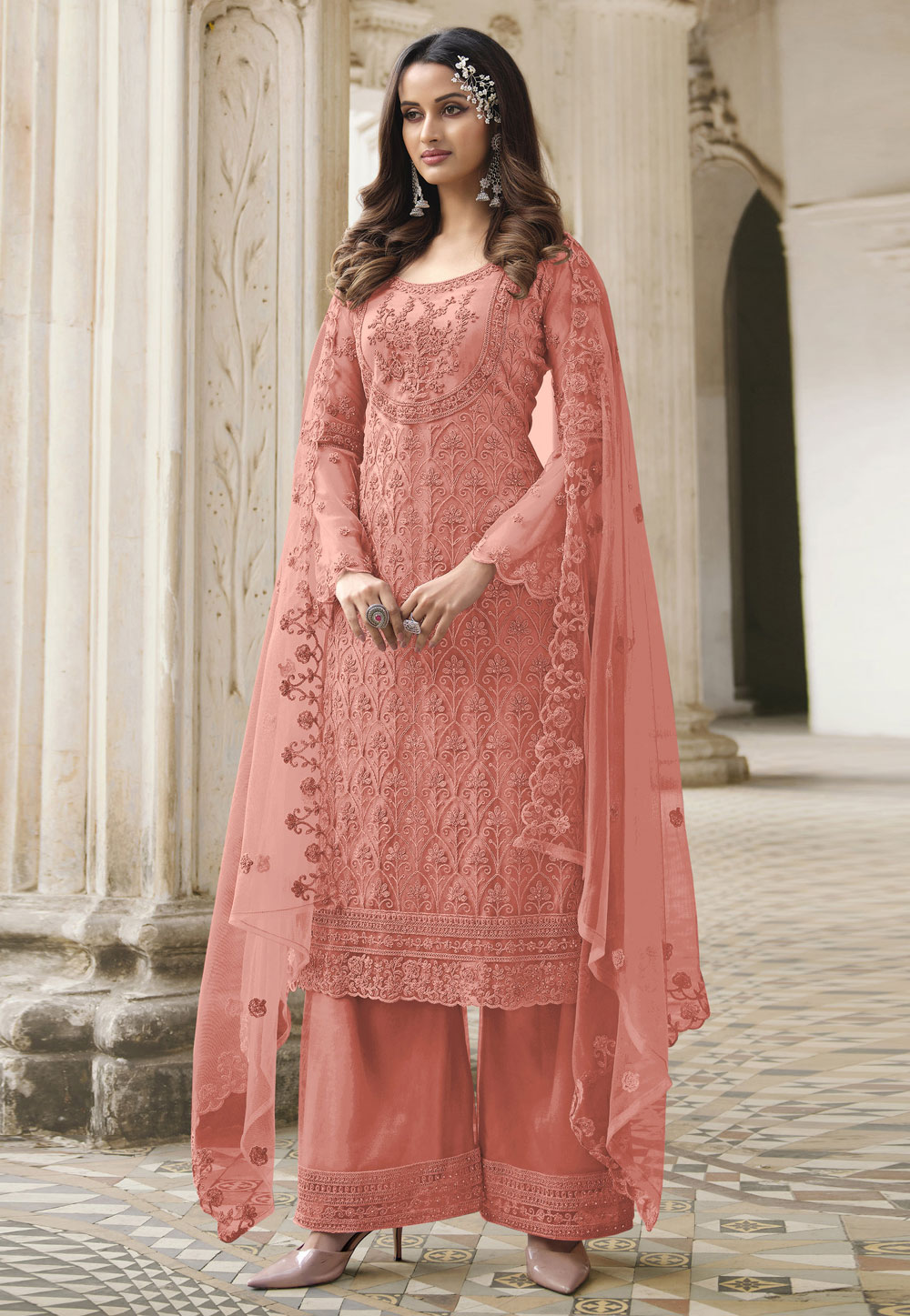 Pink Net Palazzo Suit 247726