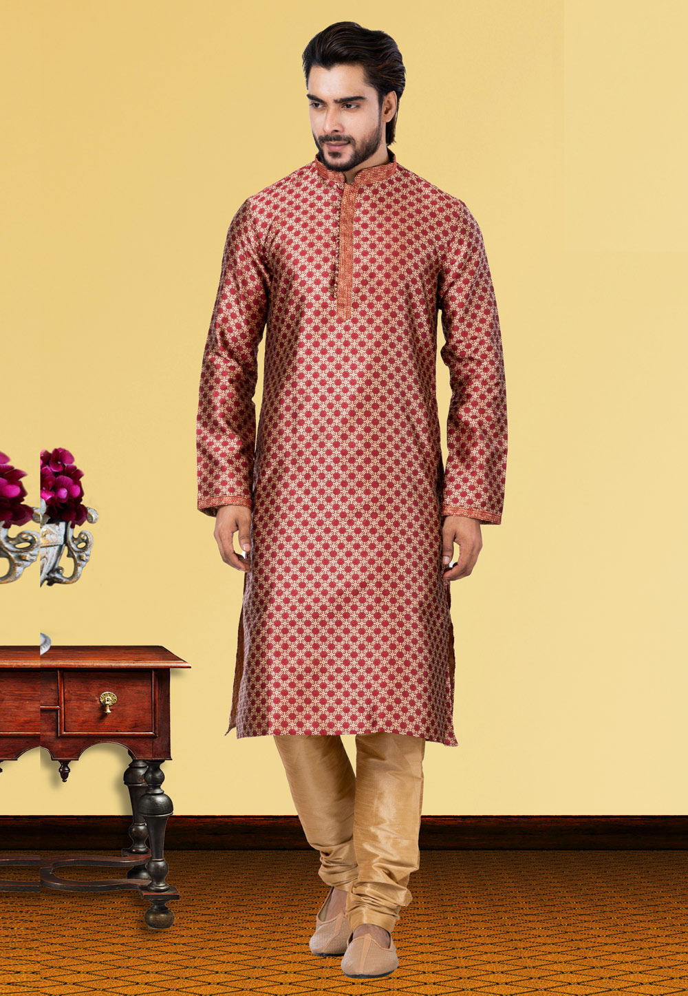 Maroon Jacquard Kurta Pajama 249774