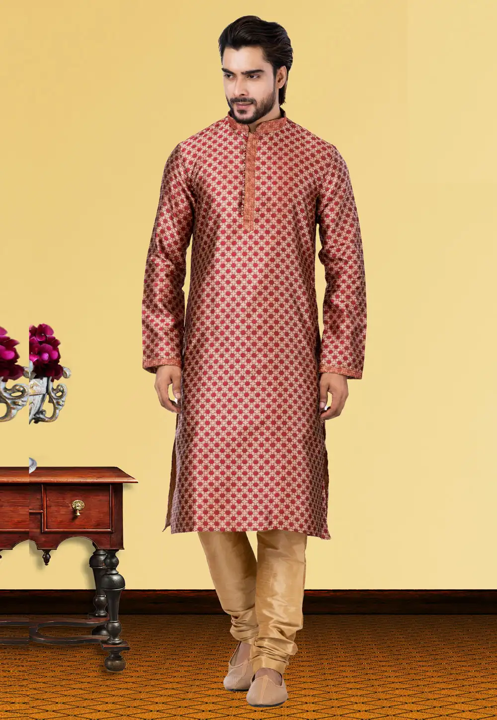 Maroon Jacquard Kurta Pajama 249774