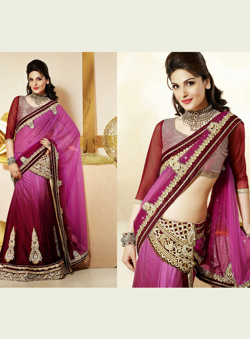 Fuchsia Pink Net Embroidered Wedding Lehenga Saree 36606